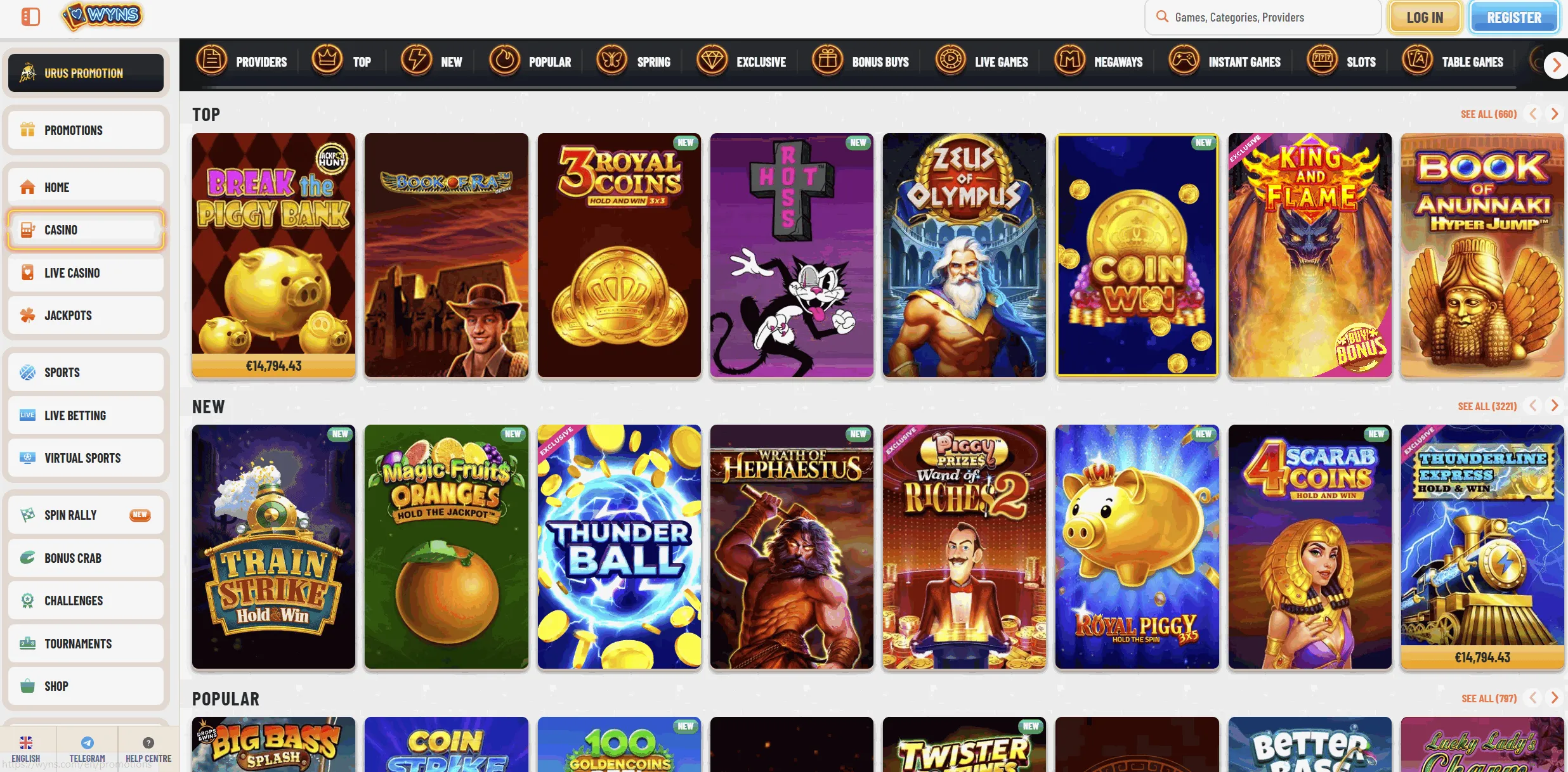 Wyns casino homepage