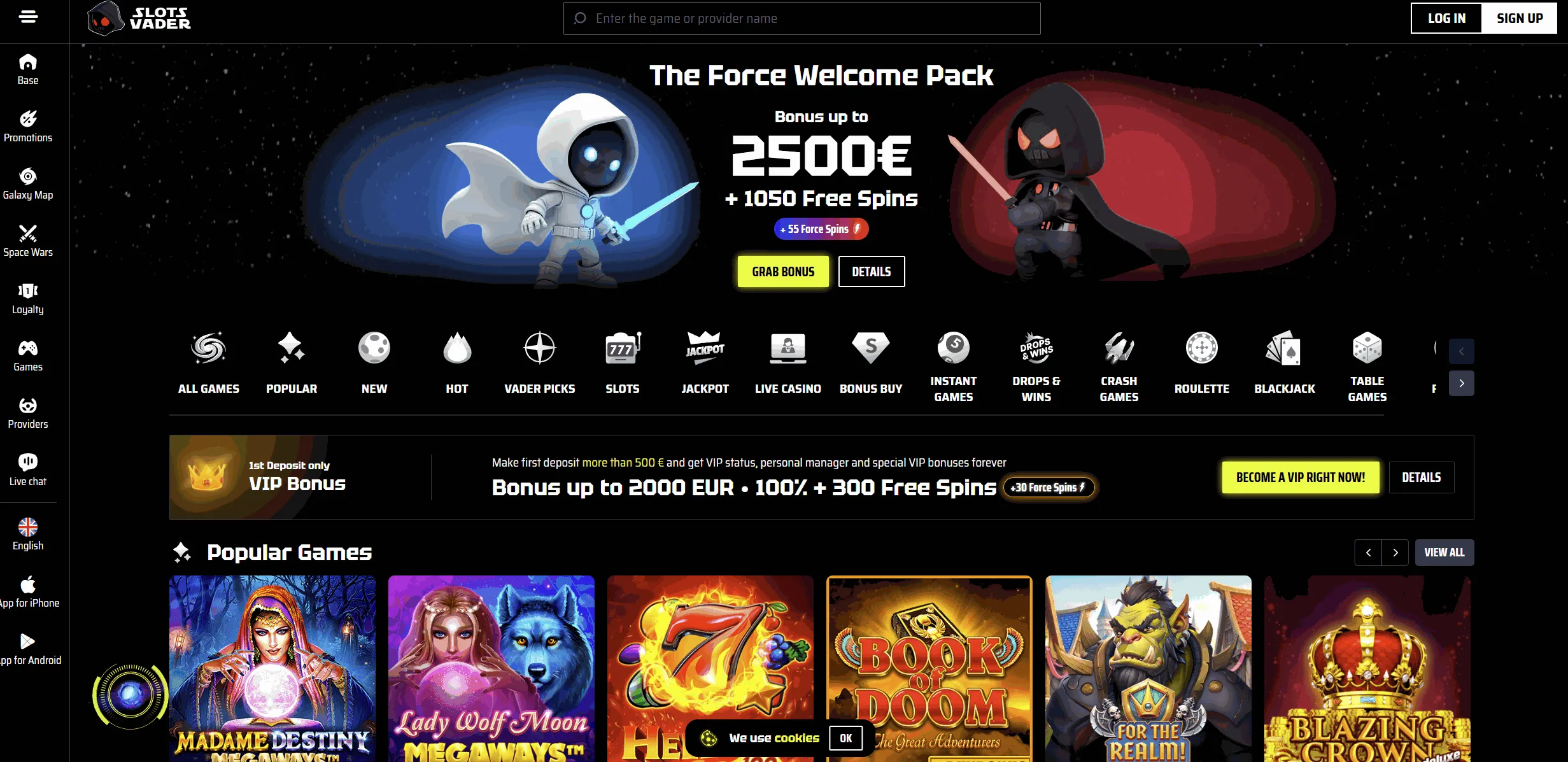 SlotsVader casino homepage