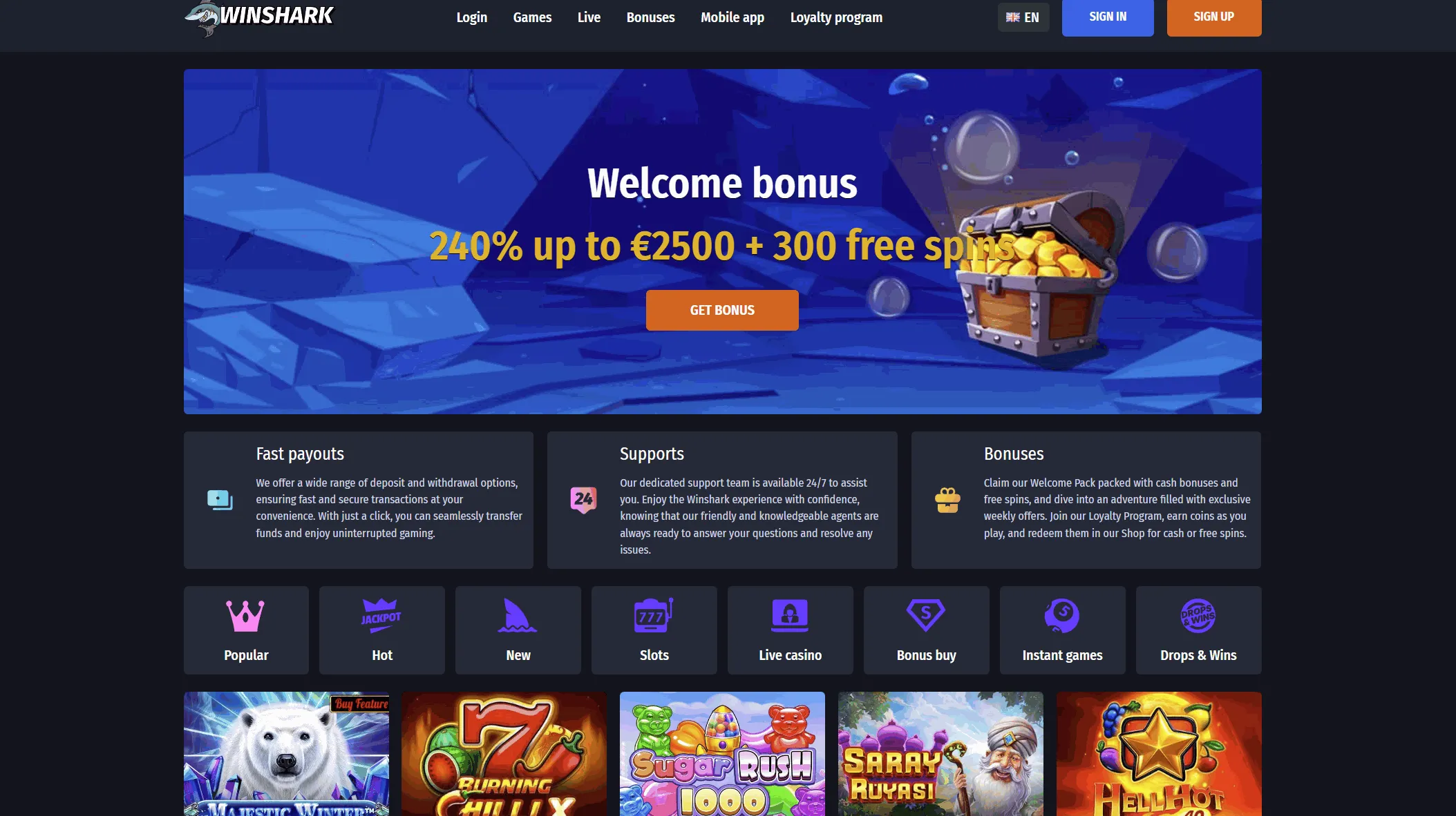 Winshark casino homepage